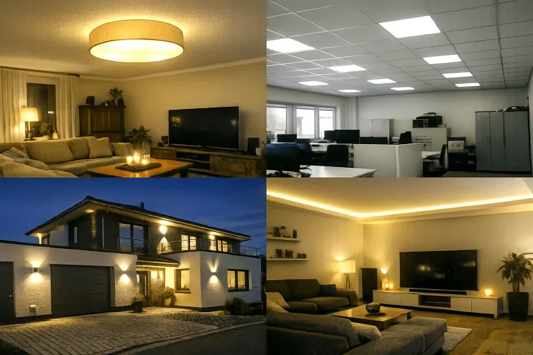 Collage fertiger Lichtinstallationen in Wohnräumen, Gewerbe, Außenbereichen und Smart-Home-Umgebungen in Deutschland.