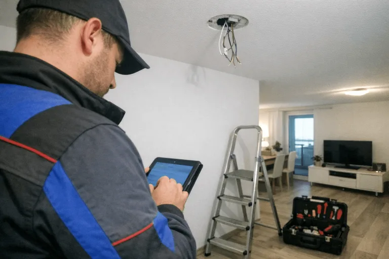 Elektriker prüft eine kurzfristige Terminplanung auf einem Tablet vor der Lampenmontage
