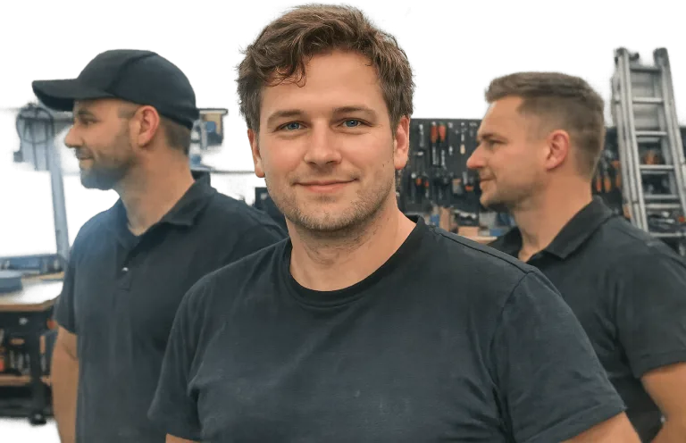 Teammitglieder in Arbeitskleidung bei einer professionellen Beleuchtungsinstallation mit LED-Leuchten im Innenbereich.