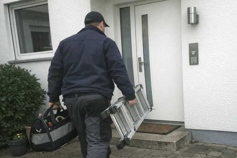 Elektriker kommt zur Leuchtenmontage an einem Wohnhaus an