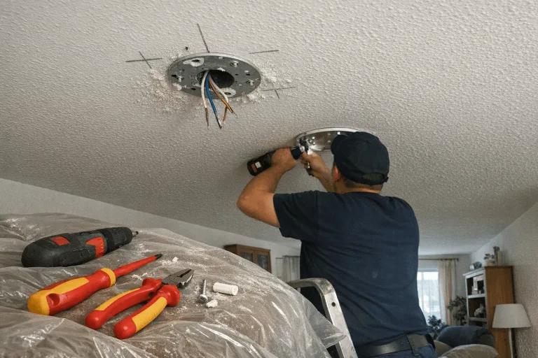 Elektriker auf Leiter bei der Montage einer Deckenlampe an der Decke