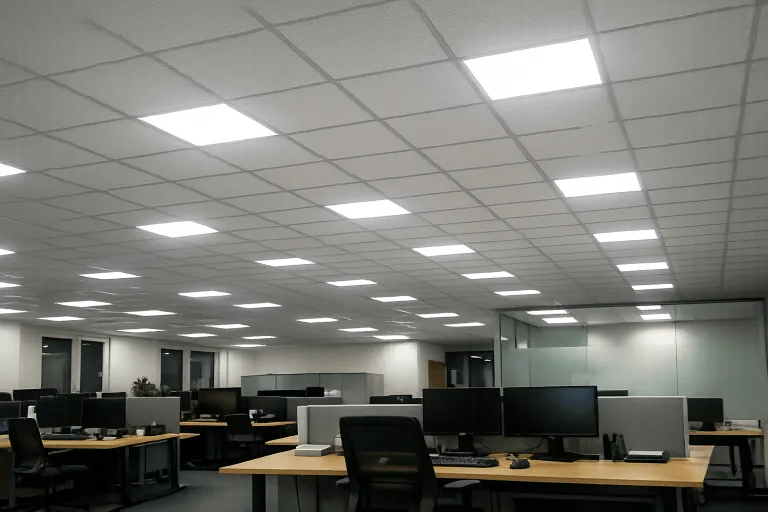 Helles modernes Büro in Thon nach Sanierung mit LED-Deckenpaneelen und großen Fenstern