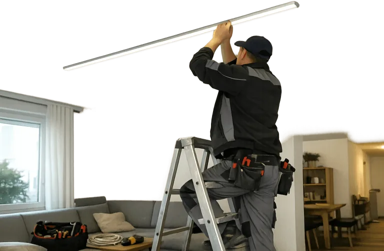 Professioneller Elektriker montiert eine Deckenleuchte in einem hellen Wohnraum.