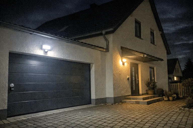 Wohnhausfassade und Einfahrt bei Nacht, beleuchtet von außen angebrachten Sicherheitsleuchten.