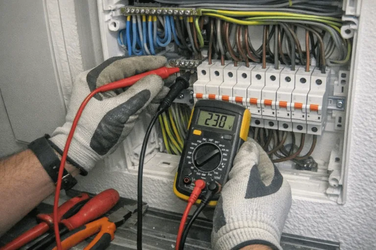 Elektriker bei einer Sicherheitsprüfung mit Messgerät an einer Elektroinstallation