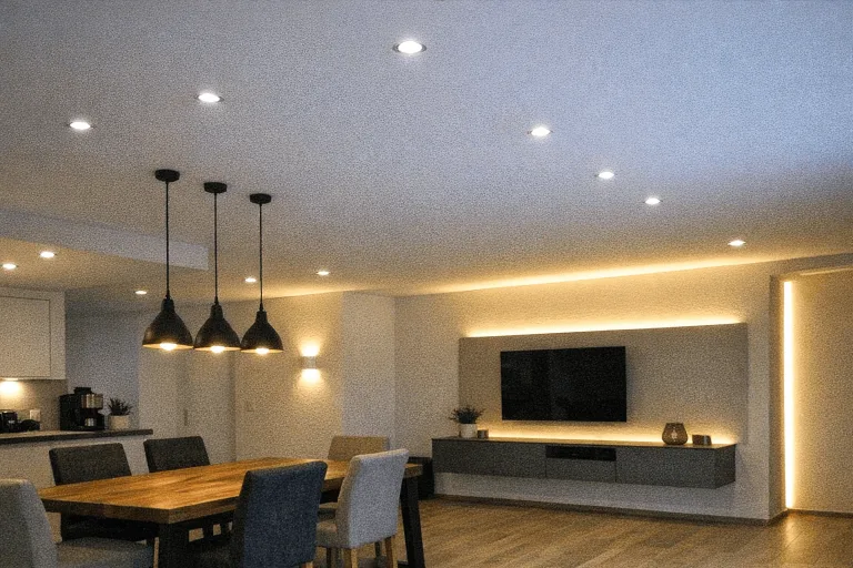 Modernes Interieur mit professionell installierten Pendelleuchten, Einbauspots und Wandleuchten in stilvoller Beleuchtung.