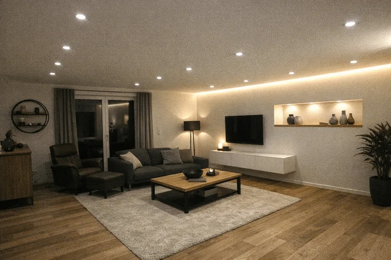 Eleganter Wohnraum mit abgestimmter Decken- und Akzentbeleuchtung