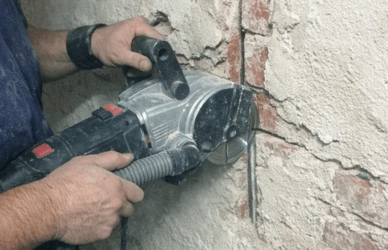 Elektriker bohrt drinnen zur Lampeninstallation und nutzt einen Staubsauger für Sauberkeit.