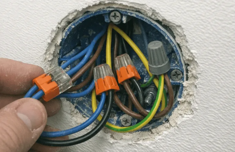 Elektriker verbindet sicher Lampenkabel an der Decke bei der Lampenmontage.