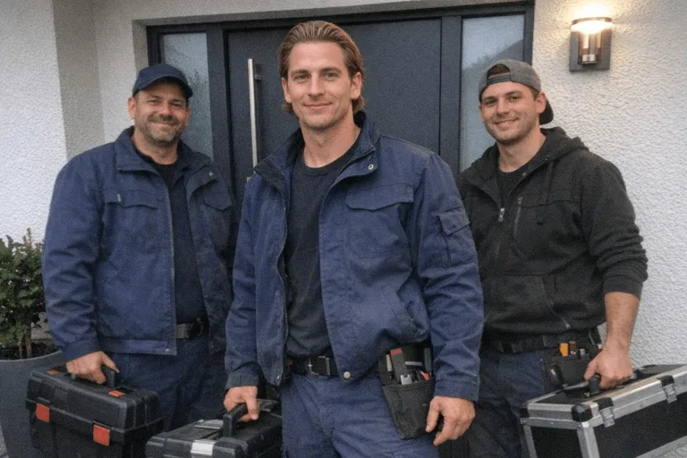 Freundliches Team von Elektrikern mit Werkzeugen, bereit für Licht- und Installationsarbeiten in Stuttgart.
