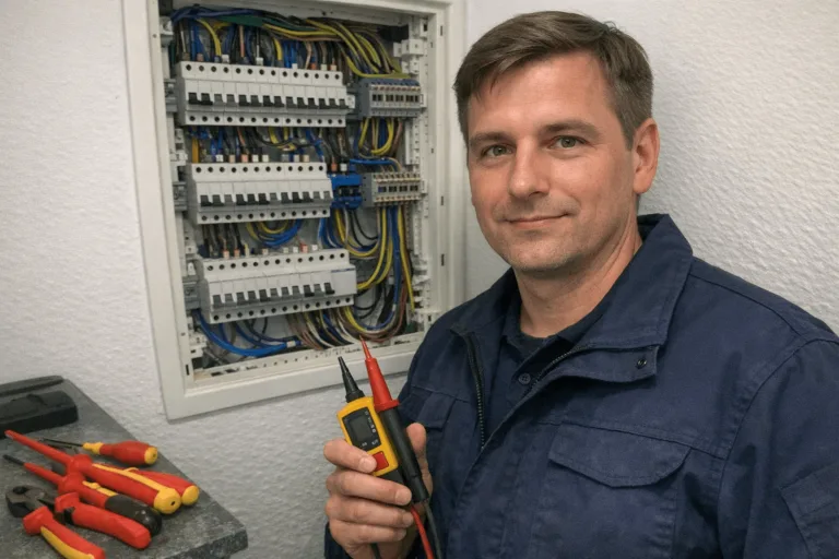 Freundlicher Elektriker in Arbeitskleidung mit Prüfgerät vor einem geöffneten Schaltschrank