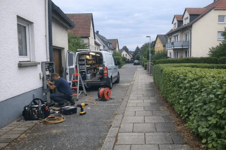 Wohnstraße in einem ruhigen Wohngebiet als Symbol für Lampenmontage vor Ort