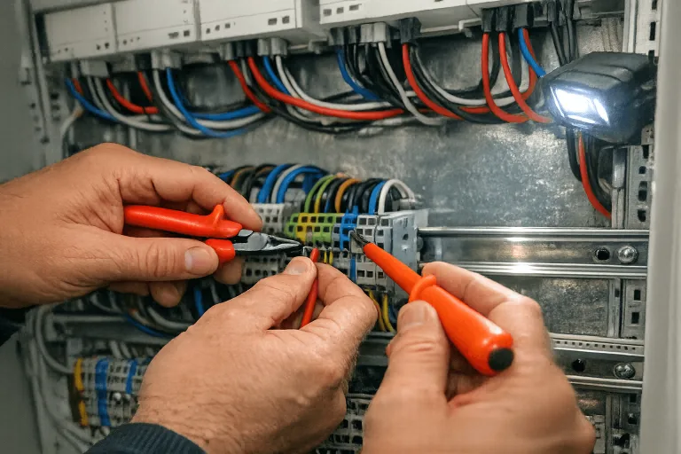 Elektriker Hände arbeiten an einem komplexen LED-Schaltkasten