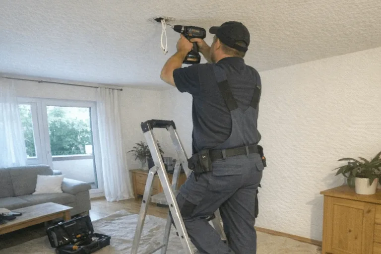 Ein Handwerker mit einer Bohrmaschine bereitet die Installation einer Deckenlampe in Erfurt vor.