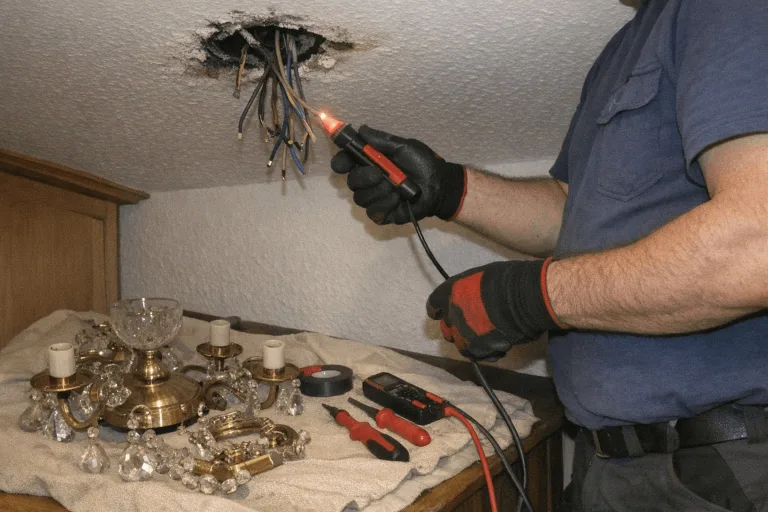 Elektriker prüft freiliegende Leitungen mit Spannungsprüfer bei einem Eilprojekt für eine Lampenmontage